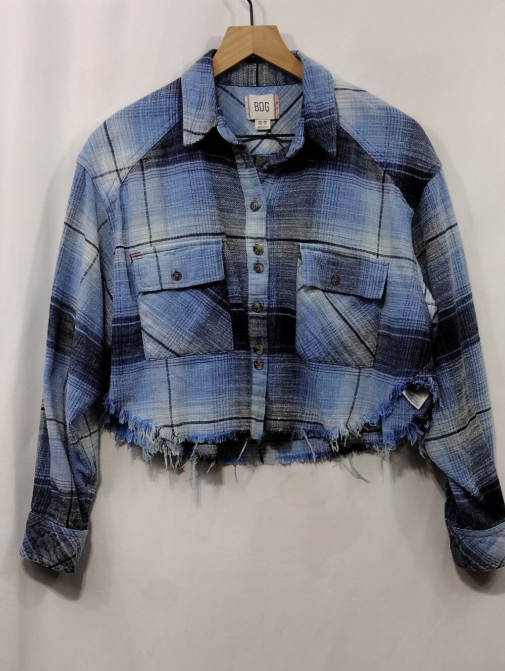 BDG Plaid Cropped Button-Up Shacket Womens XS Blue Boho Retro 90s Y2K Streetwear